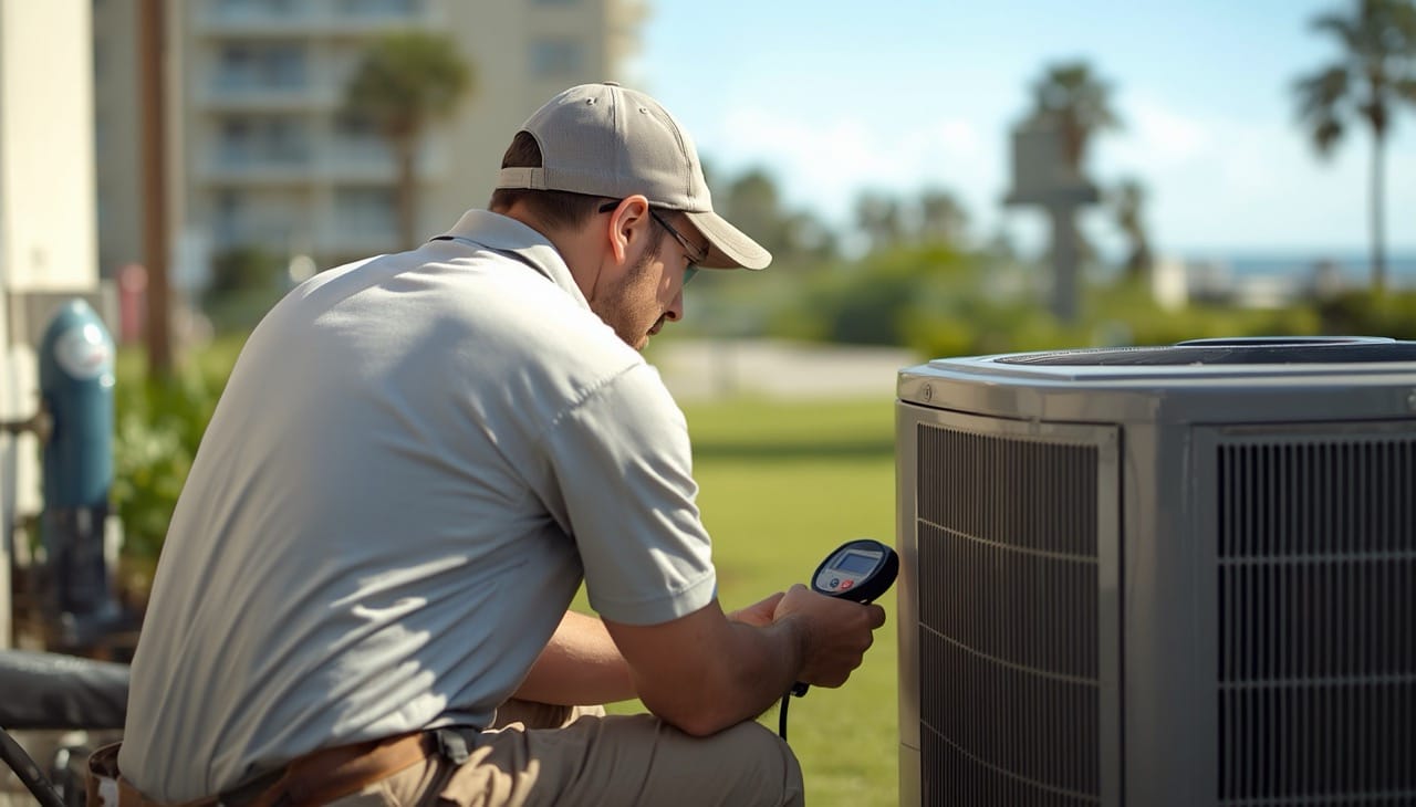 HVAC technician servicing an outdoor AC condenser unit near a beachfront condo in Redington Shores, FL