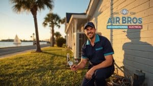 AIr Bros technician getting readings off an instrument while he's repairing an AC unit outside a home in Safety Harbor, FL.